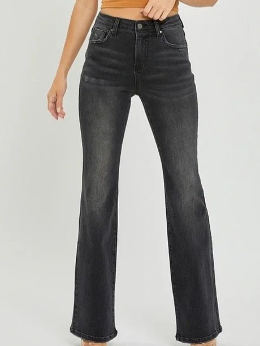 RISEN Classic Black Faded Boot Cut Flare Distressed Jeans